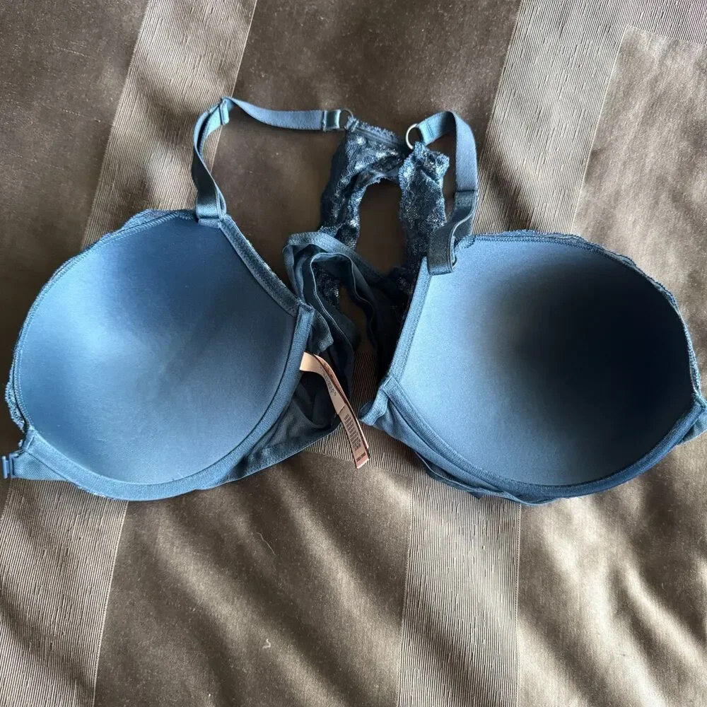 VICTORIA'S SECRET Blue Lace Mesh Racerback Push Up Bra Size 38D